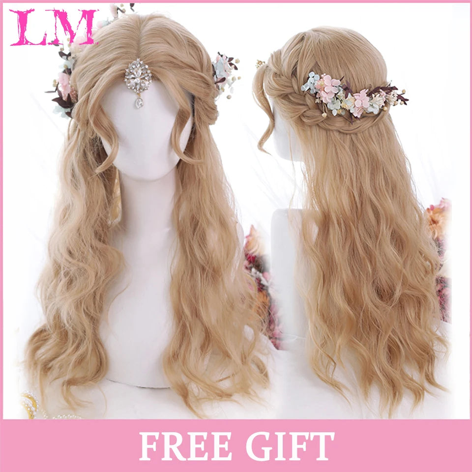 LM Long Natural Wavy Platinum Blonde Pink Wigs with Bangs Cosplay Party Lolita Synthetic Wigs for Women Heat Resistant Fiber