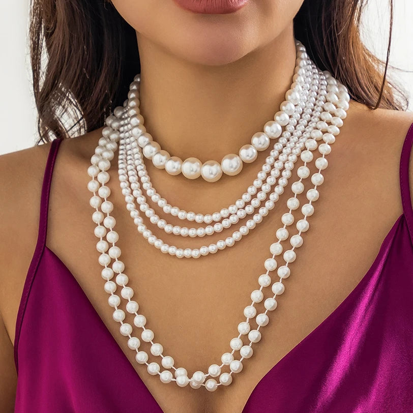 Elegant Multilayer Imitation Pearl Tassel Chain Necklace Women Wedding Bridal Creative Beads Choker Y2K Jewelry Wed Accessories