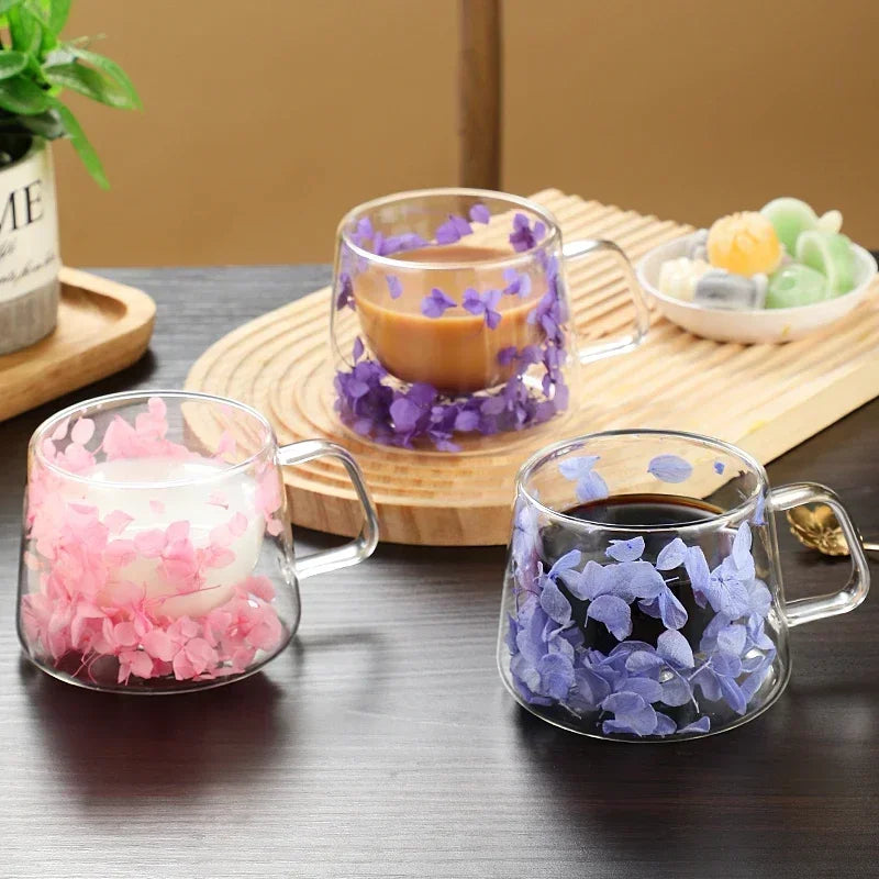 KIMLUD, Double Wall Dry Flowers Transparent Glass Coffee Cup with Handle Double-layer Heat Insulation High Temperature Juice Milk Cup, KIMLUD Womens Clothes