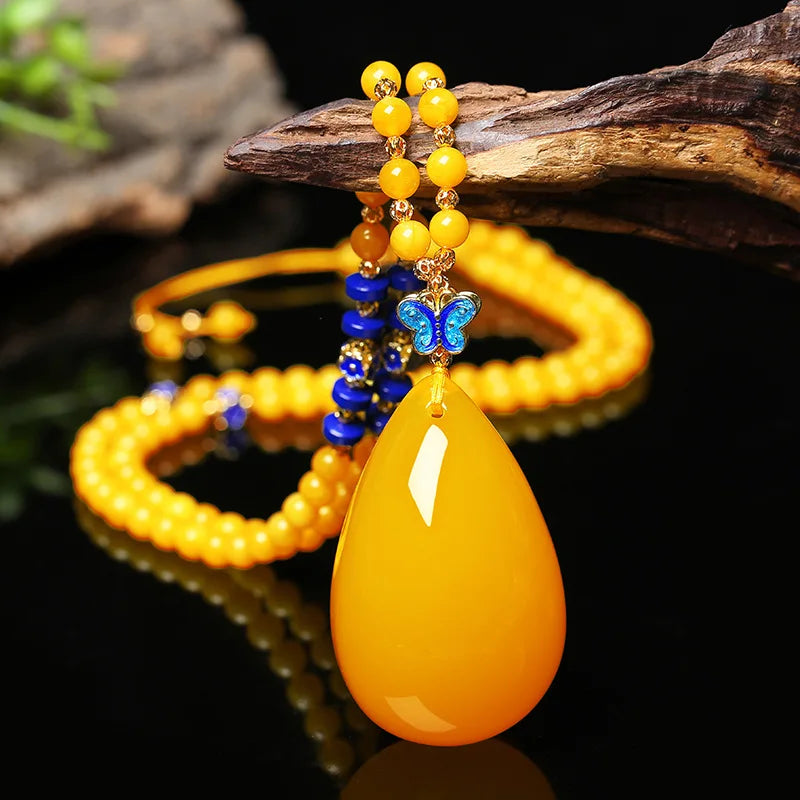 Drainage Gift Beeswax Pendant Women's Water Drop with Shape Sweater Chain Blue Carving Amber Necklace Pendant