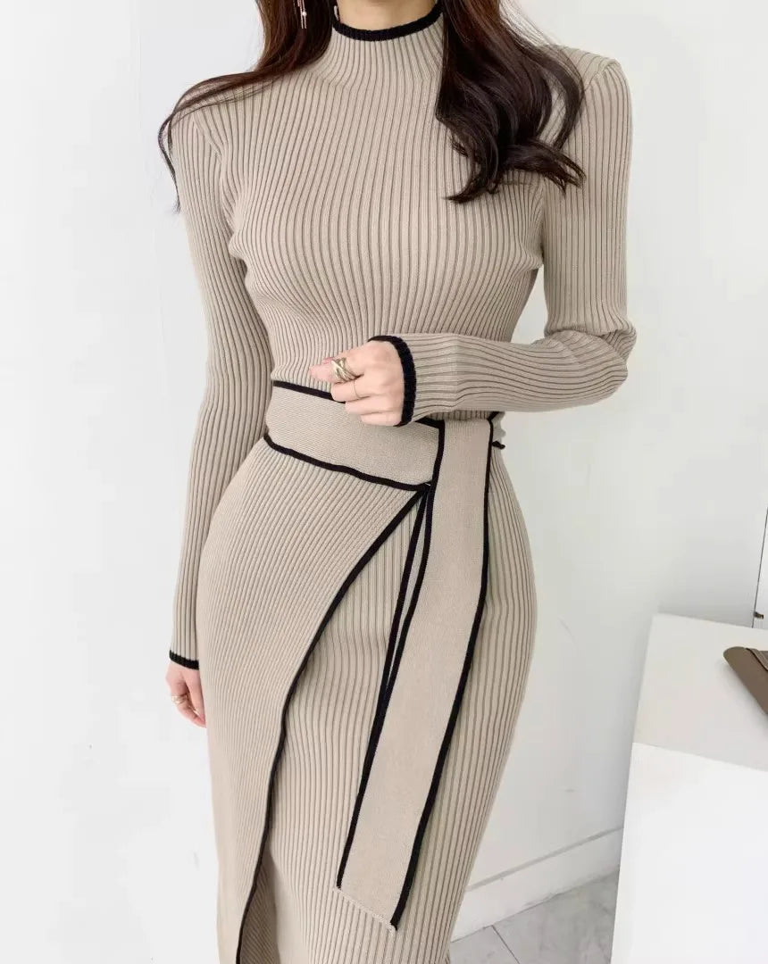 YuooMuoo Elegant Lace Up Turtleneck Knitted Long Dress Korean Fashion Khaki Black Rib Bandage Bodycon Sweater Dress Robe Femme