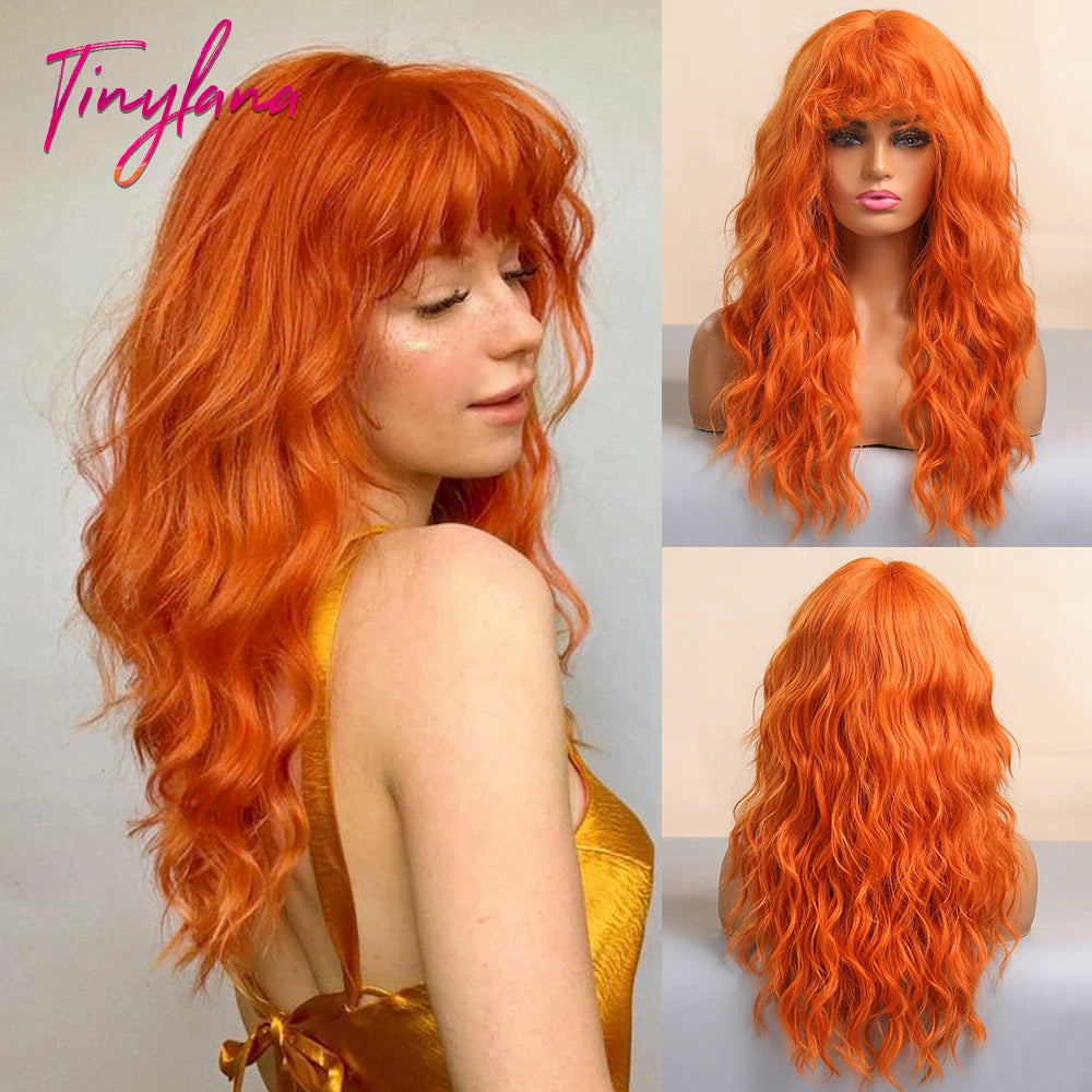 Cosplay Ginger Orange Long Curly Synthetic Wigs with Bangs Deep Wave Lolita Hair for Women Halloween Party Daily Heat Resistant