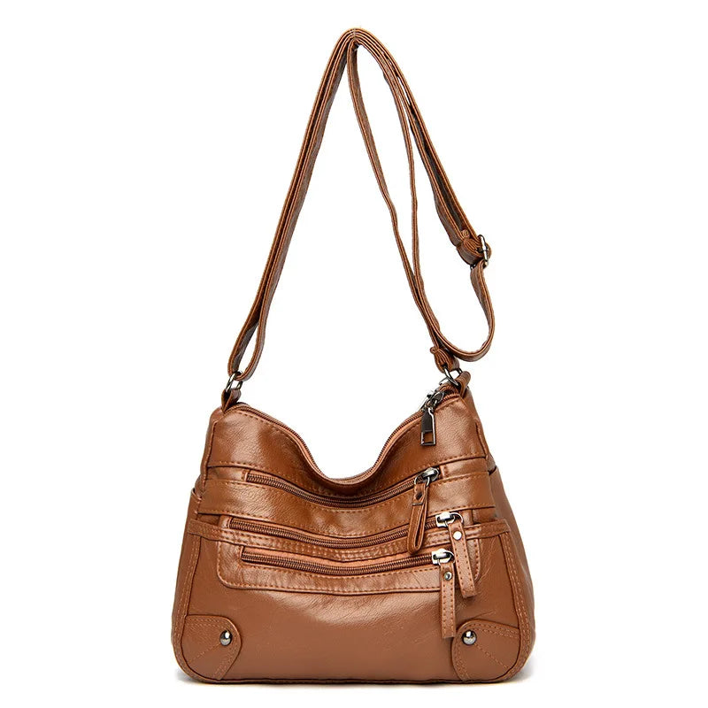 Women's Multi Zipper Shoulder Bag, Versatile Solid Color Faux Leather Crossbody Bag - KIMLUD