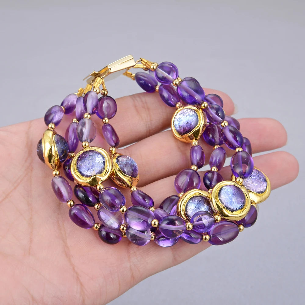 KIMLUD, GuaiGuai Jewelry 4Rows Natural Purple Amethysts Rough With Electroplated Edge Purple Murano Glass Bracelet 8" For Women, KIMLUD Womens Clothes