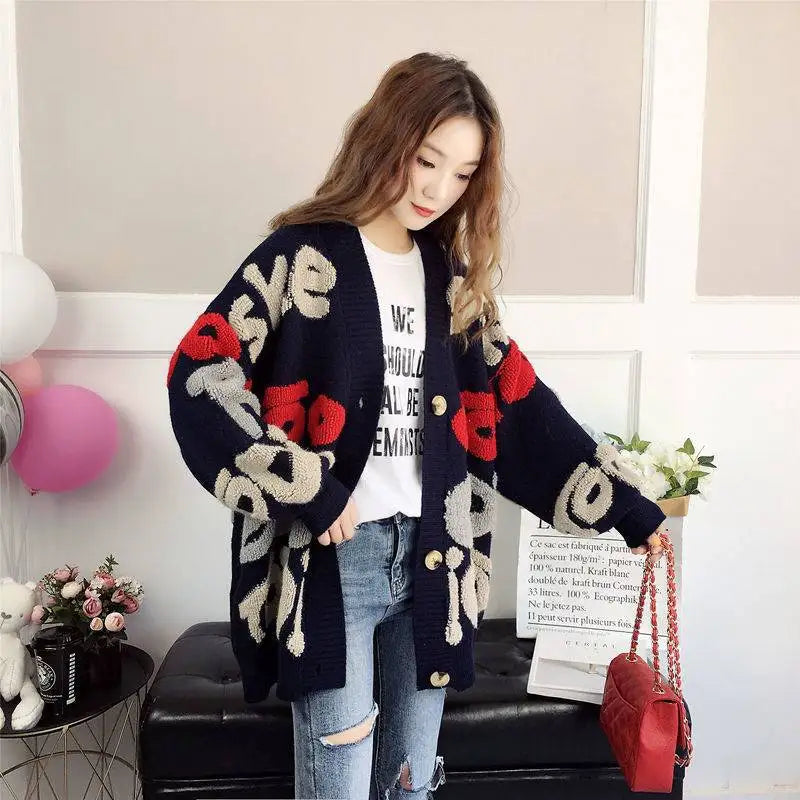 KIMLUD, Slouchy Style Sweater Women's Cardigan Loose Autumn and Winter Korean 2023 New Style Outerwear Knitted Jacket Medium Length, Letter Navy Blue / S 45-52.5KG, KIMLUD APPAREL - Womens Clothes