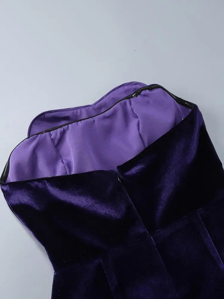 Women Celebrity Sexy Strapaless Backless Velvet Purple Heart Mini Bodycon A Line Dress 2024 Elegant Evening Club Party Outfit