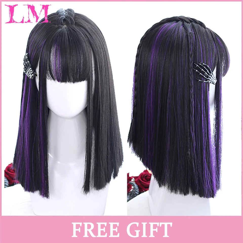 LM Long Natural Wavy Platinum Blonde Pink Wigs with Bangs Cosplay Party Lolita Synthetic Wigs for Women Heat Resistant Fiber