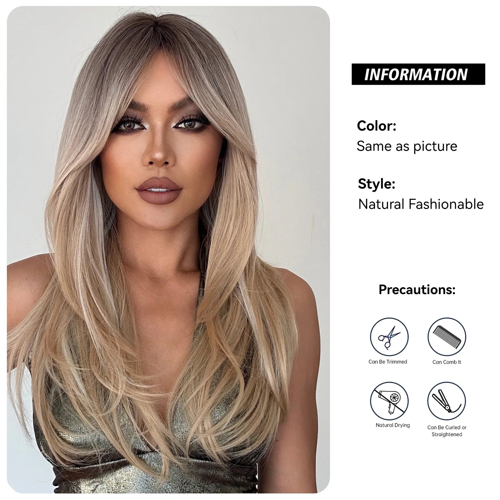 KIMLUD, Long Straight Layered Wigs Blonde Platinum Highlight Wig with Bangs Cosplay Daily Use Natural Hair Heat Resistant Wig for Women, KIMLUD Womens Clothes