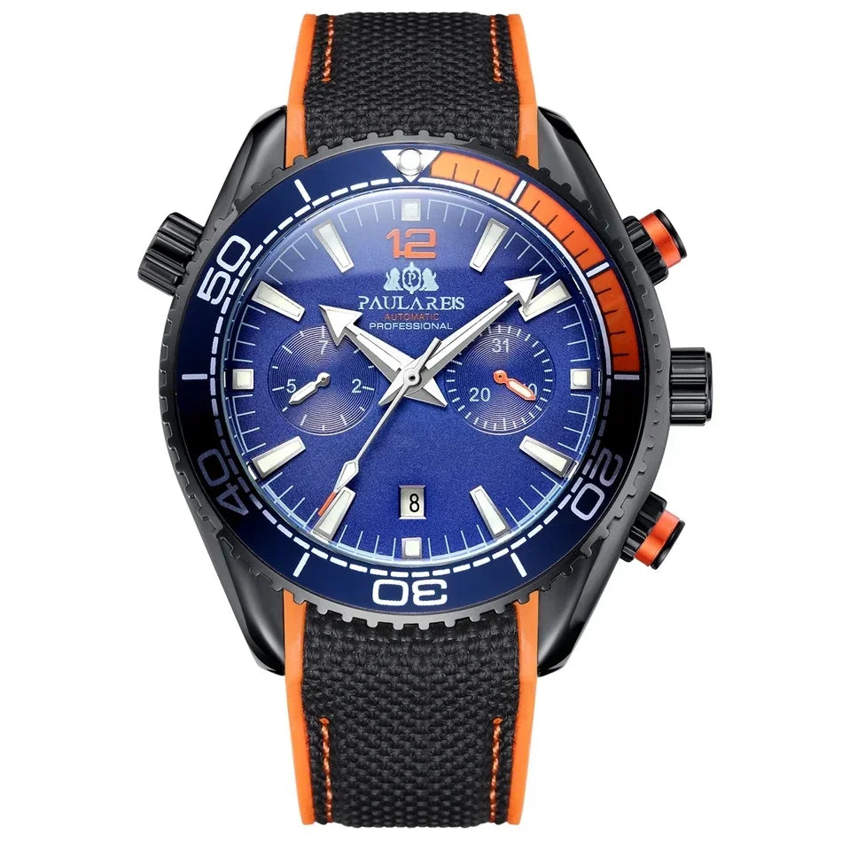 Automatic Watch for Men Mechanical Canvas Rubber Strap Orange Blue Red Multifunction Date Month Reloj Hombre Baratos