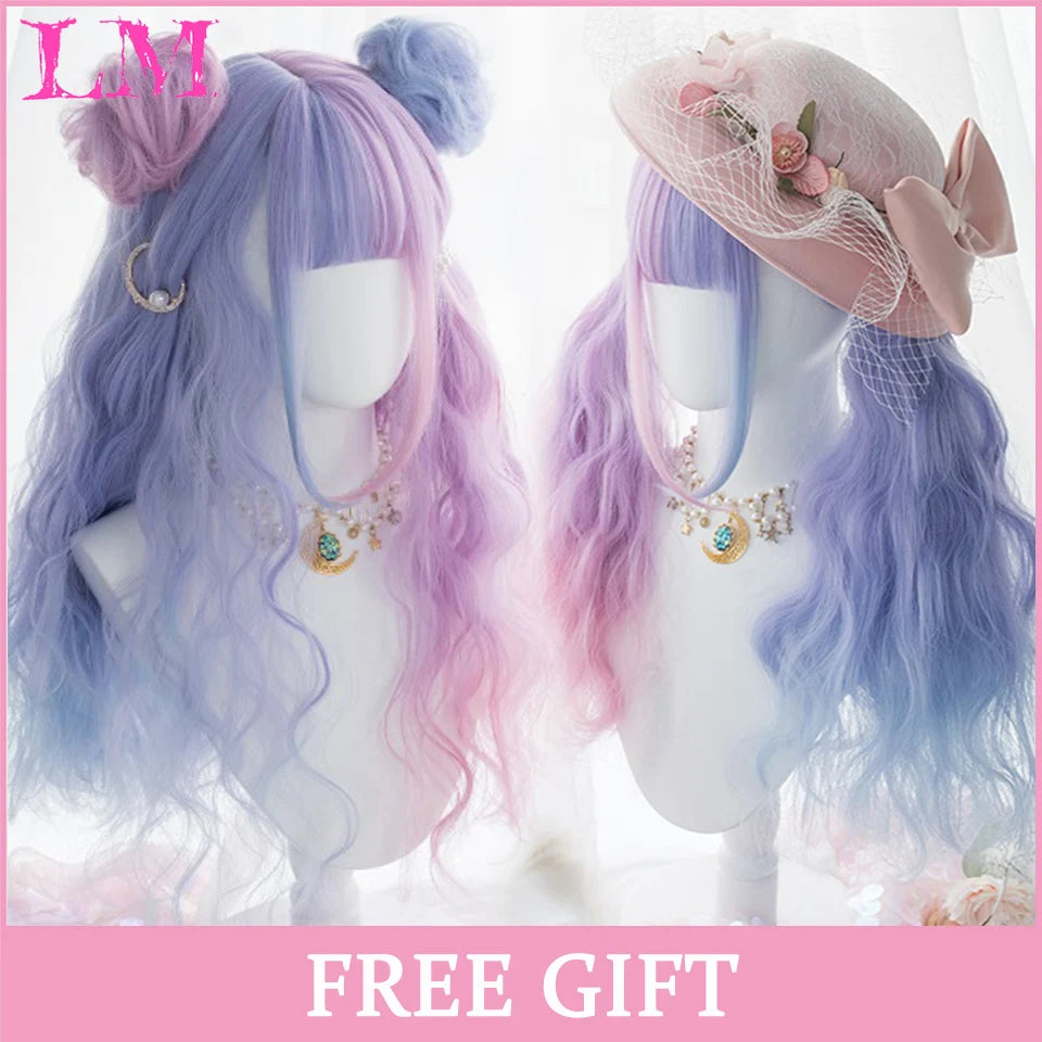 LM Long Natural Wavy Platinum Blonde Pink Wigs with Bangs Cosplay Party Lolita Synthetic Wigs for Women Heat Resistant Fiber