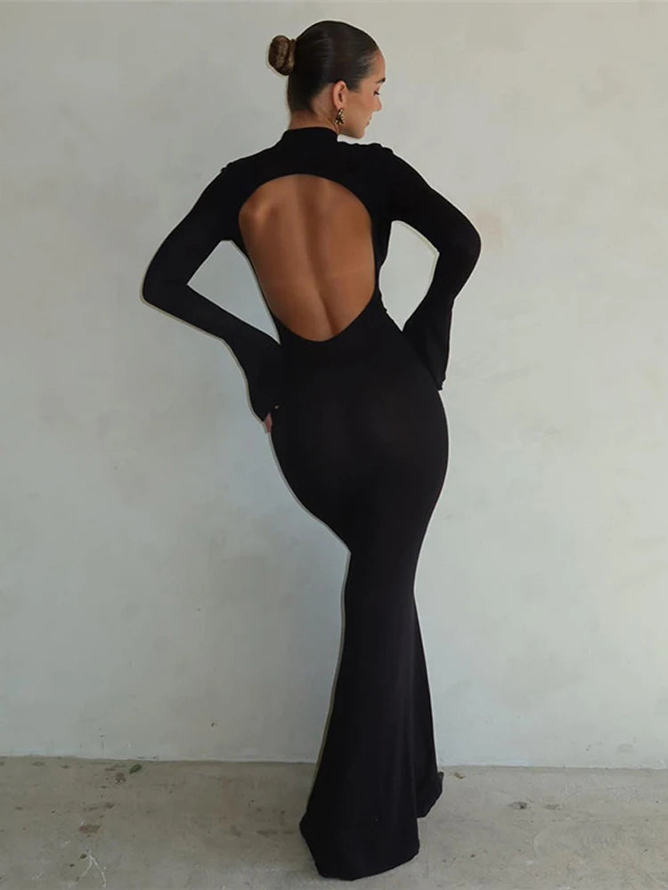 Autumn Winter Backless Sexy Party Club Black Bodycon Maxi Dresses Outfits for Women Long Sleeve Y2K Dress Vestido Streetwear New