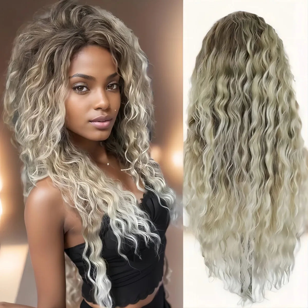 KIMLUD, Ash Blonde Curly Wig Synthetic Long Curly Hair Wigs for Women Fluffy Hairstyle Wave Ombre Wig Costume Carnival Party Regular Wig, KIMLUD Womens Clothes