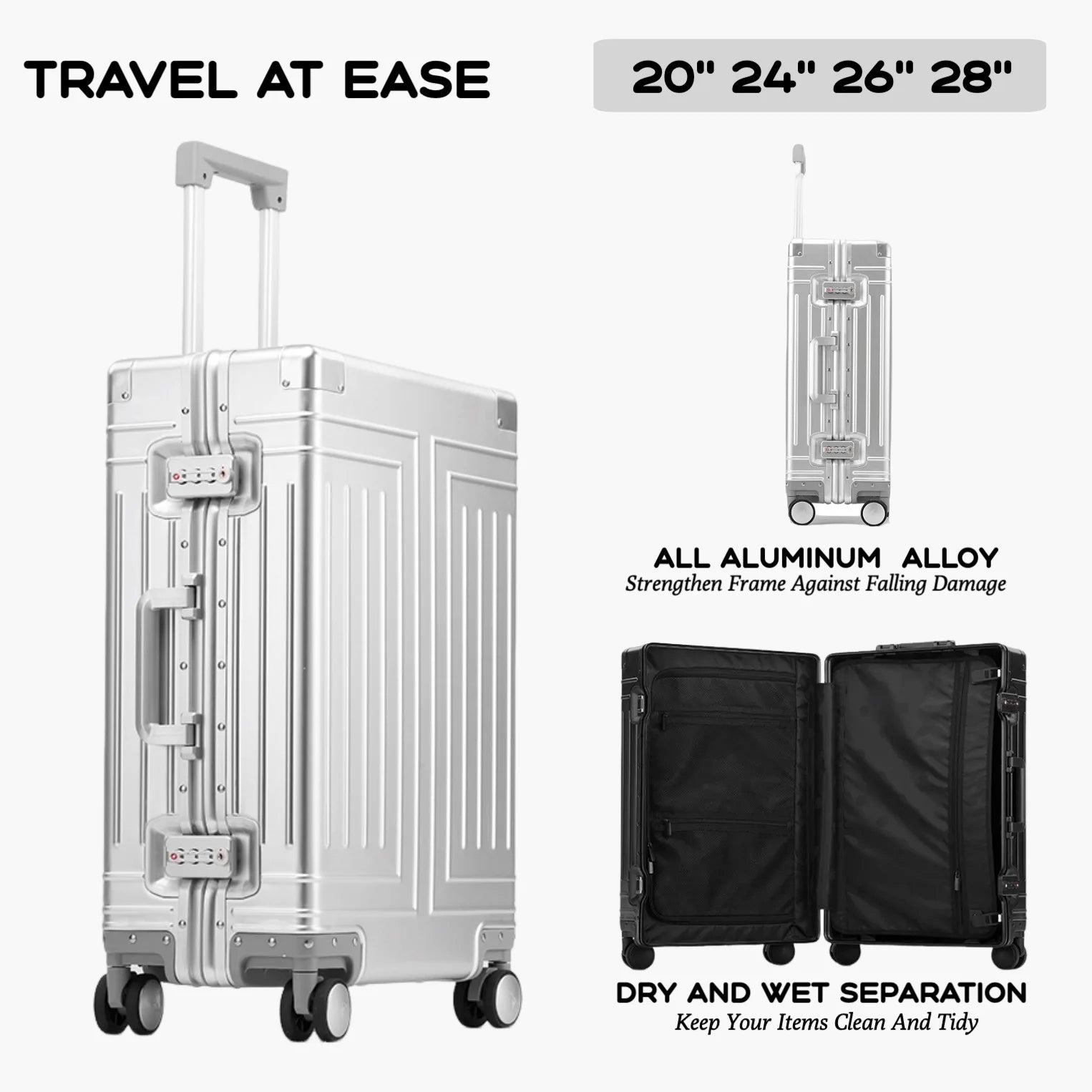 2024 Capacity Durable Luggage Sets 100% Aluminum Suitcase Wheels Women Girl Men Cabin Carry-On Boarding Travel 20/24/26/28