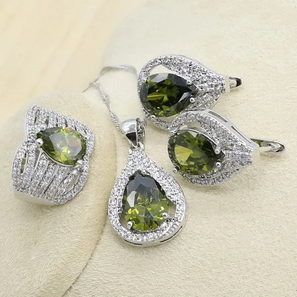 New Green Peridot Zircon Silver 925 Jewelry Set Women Bracelet Earrings Necklace Pendant Ring Birthday Gift