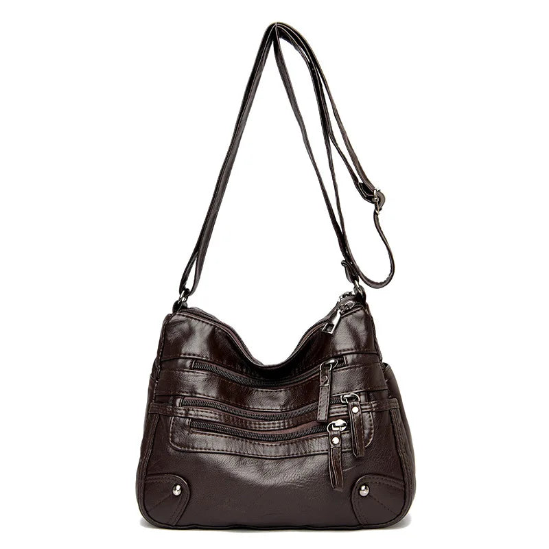 Women's Multi Zipper Shoulder Bag, Versatile Solid Color Faux Leather Crossbody Bag - KIMLUD