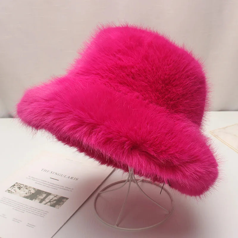 Red plush Bucket hat women's elegant autumn and winter fur bamboo hat Korean version advanced thermal cap cap 2023 large size