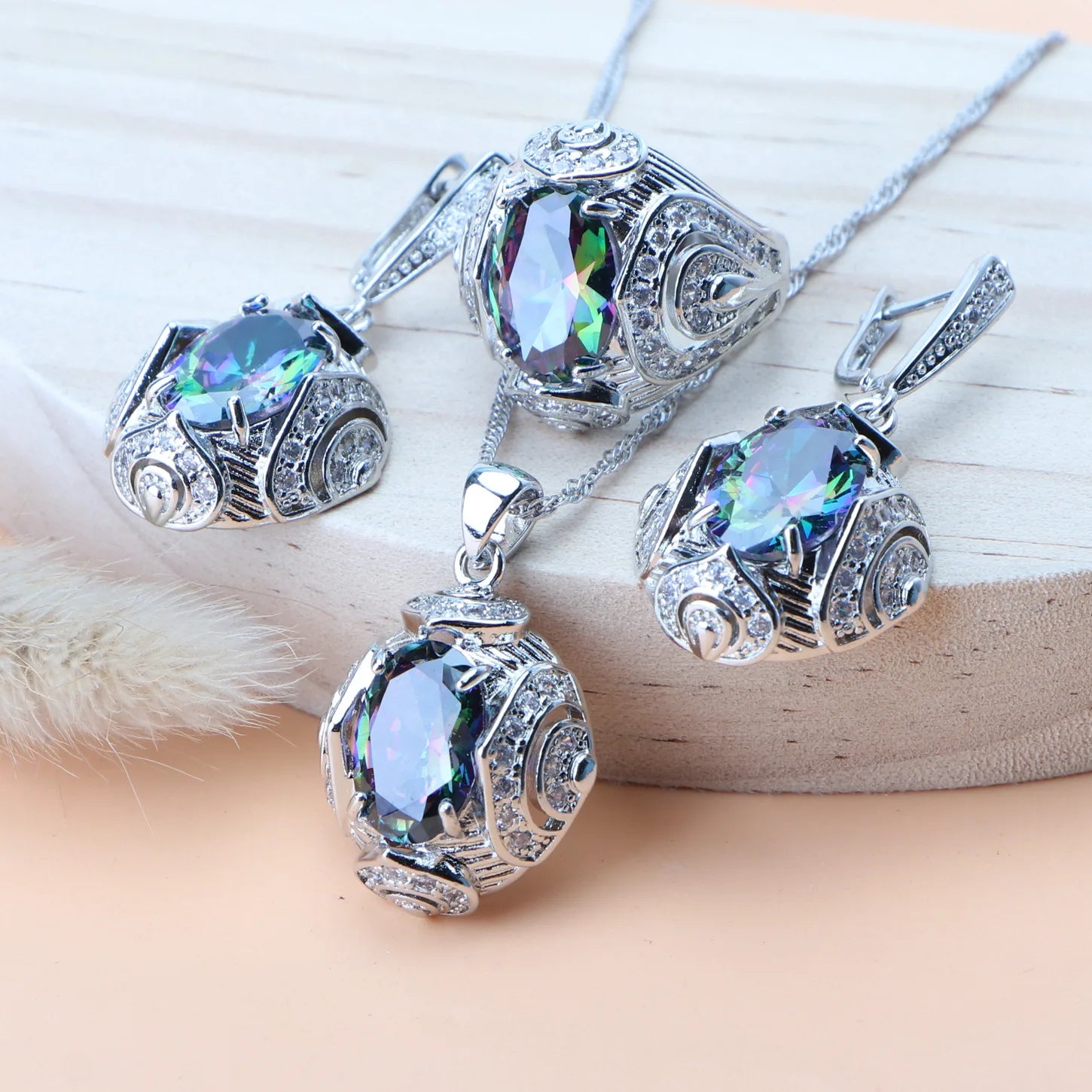 KIMLUD, Rainbow Natural Zircon Jewelry Sets 925 Sterling Silver Women Wedding Jewelry Earrings Bracelets Rings Pendant Necklace Set, 3PCS-Natural Rainbow / 10, KIMLUD APPAREL - Womens Clothes