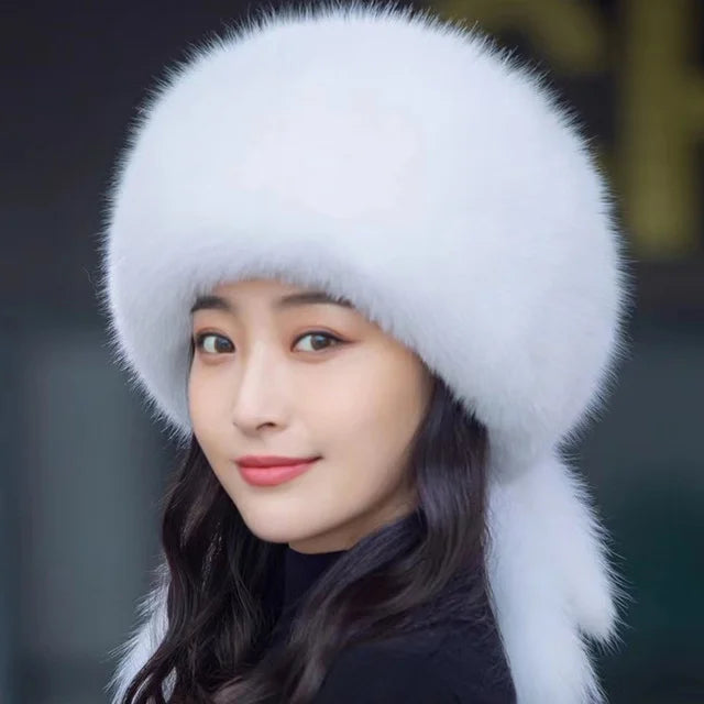 Real Fox Fur Hat Winter Natural Fur Snow Hat For Ladies Thick Outdoor Beanies Caps Russians Skiing Hats Bomber White Fur Caps