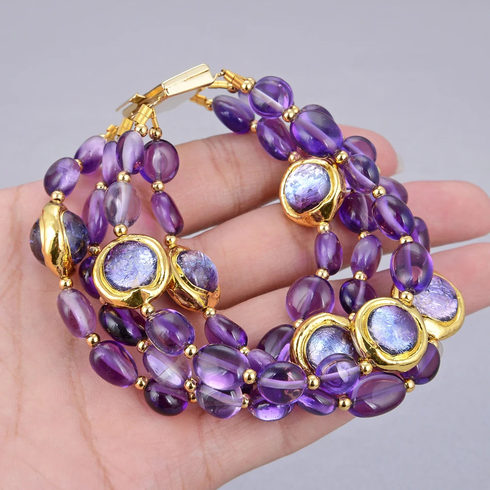 KIMLUD, GuaiGuai Jewelry 4Rows Natural Purple Amethysts Rough With Electroplated Edge Purple Murano Glass Bracelet 8" For Women, KIMLUD Womens Clothes