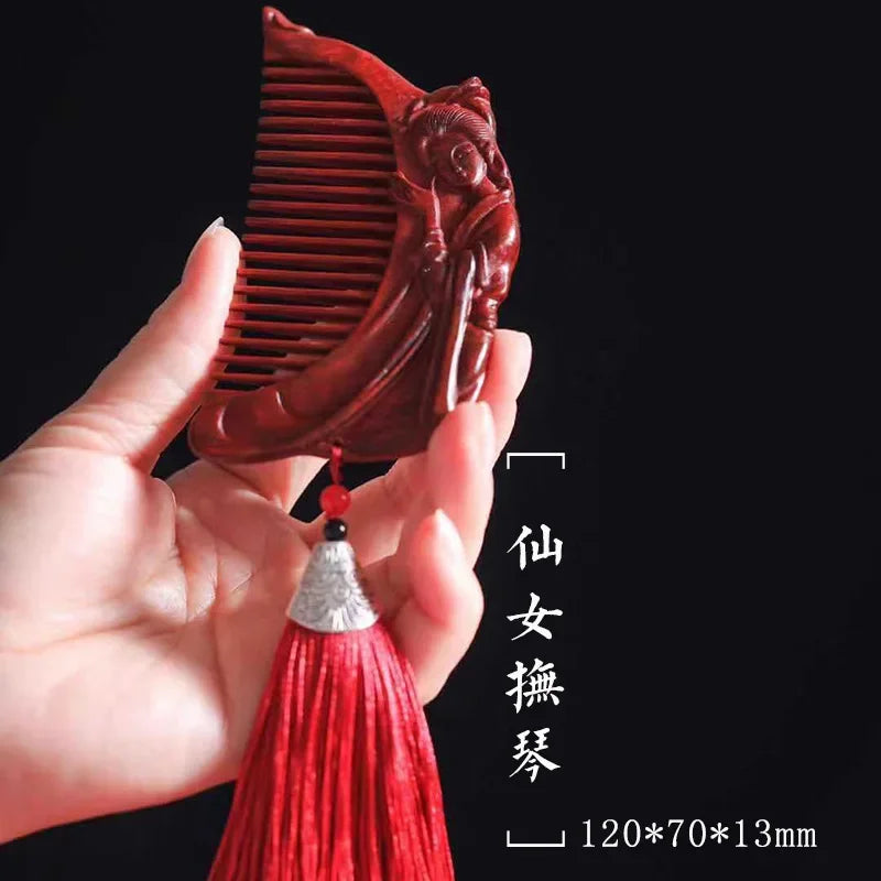 Natural Rhinoceros Horn Small Leaf Red Sandalwood Carved Wood Comb Retro Style Massage Comb Gifts with comb - KIMLUD