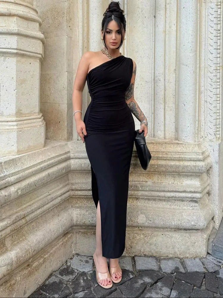 Black Maxi Dress Women Elegant Party Summer Fashion Sexy Split Sleeveless Backless Dress Off Shoulder Streetwear Club Slim Dress