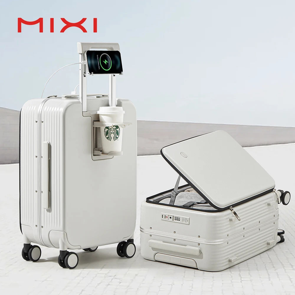 Mixi New Aluminum Frame Suitcase Carry On Rolling Luggage with USB Port Boarding Cabin Cup and Phone Holder 20 24 Inch - KIMLUD