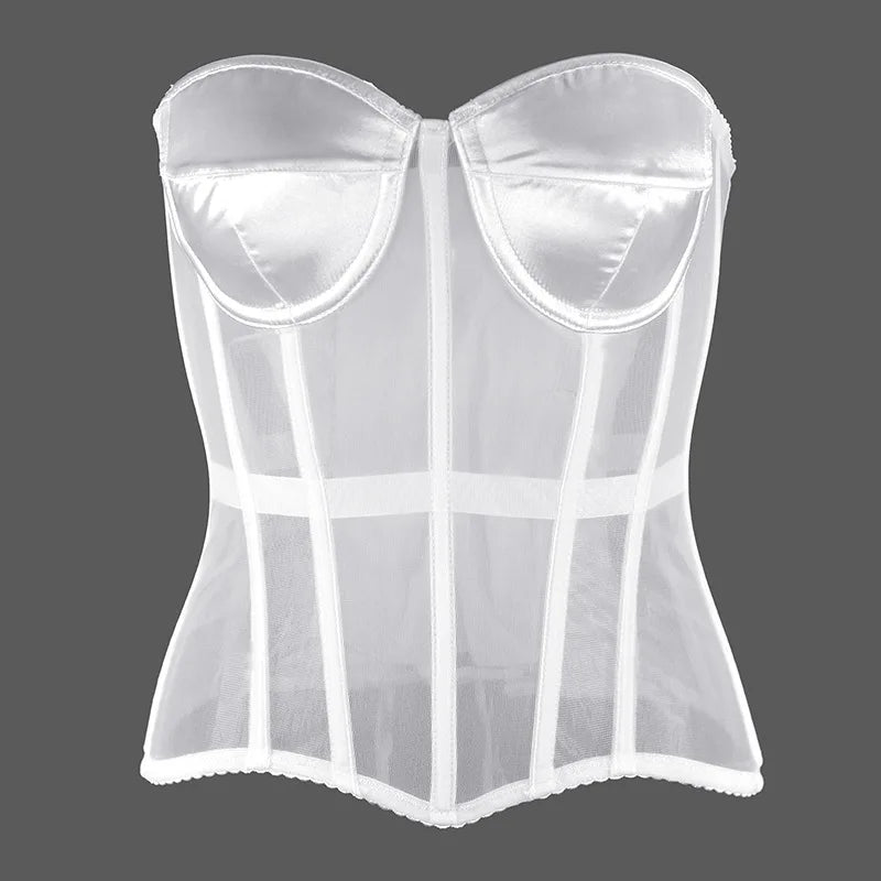 Sexy Women Sheer Bustier Lace Up Corset Top Corset Boned Waist Trainer Lingerie Overbust Corsets Body Shaper Corsets for Women