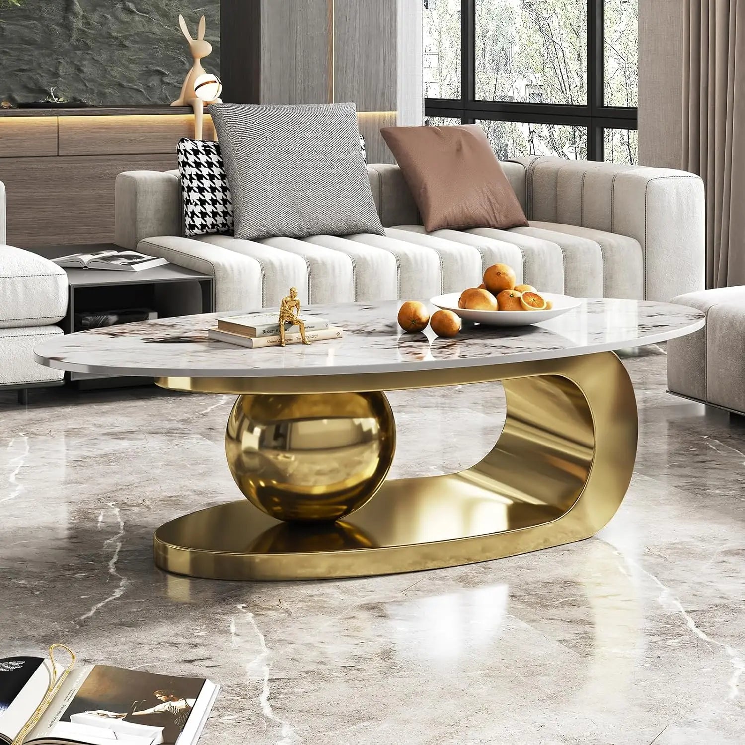 51" Lx28 Wx16.5 H.Modern Oval Stone Coffee Table with Abstract Gold Metal Base - Perfect Centerpiece for Stylish Living Rooms-Go