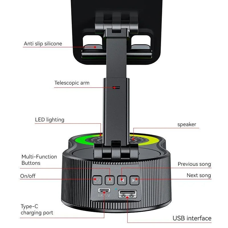 Wireless Speaker with Colorful Ambient Light 360°rotatable Adjustable FoldingLift-non-slip Phone Holder 5.3 HDSurround Subwoofer
