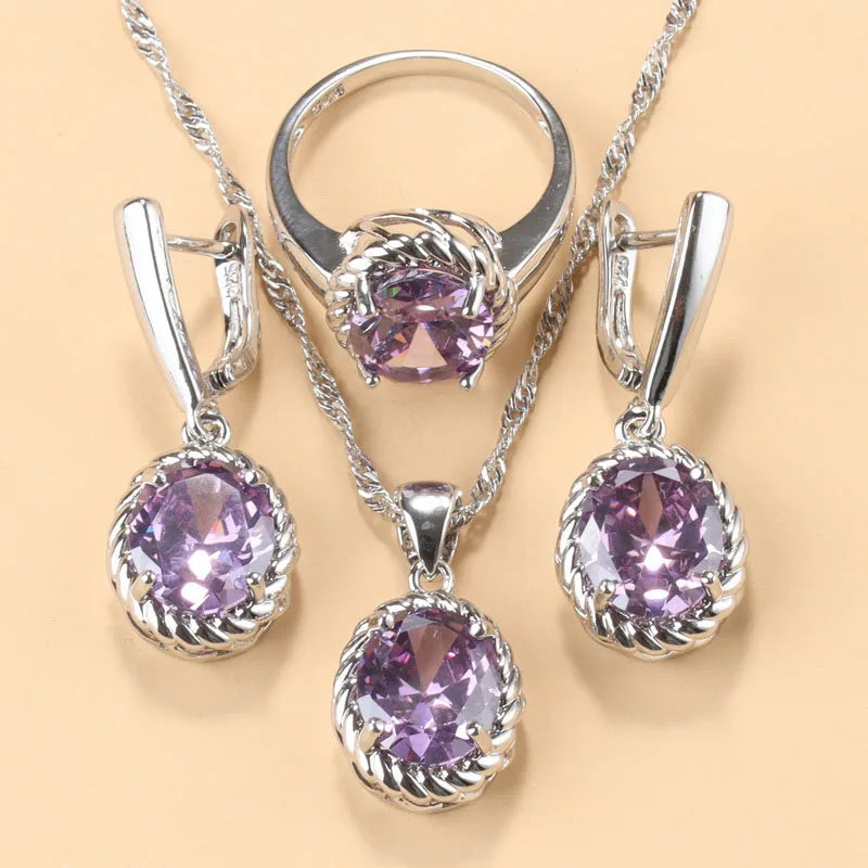 KIMLUD, 13-Colors Stone 925 Silver Bridal Jewelry Sets Wedding Ring Costume Earrings Pendant Chain Necklace For Women Christmas Gift, Purple / resizable, KIMLUD APPAREL - Womens Clothes