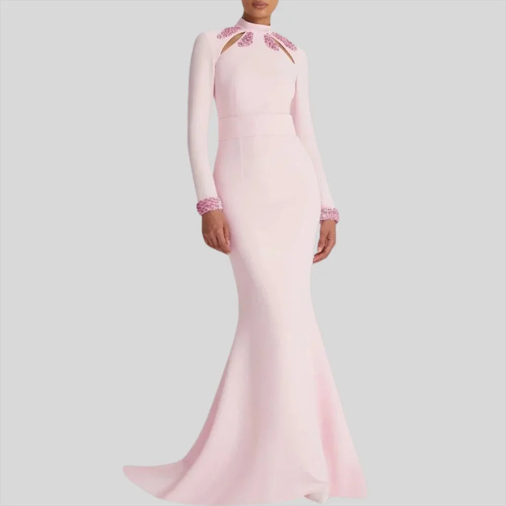 Pink High Neck Crystal Luxury Long Sleeves Mermaid Formal Evening Dress For Woman Floor Length Fashion Classy 2024 Prom Gown