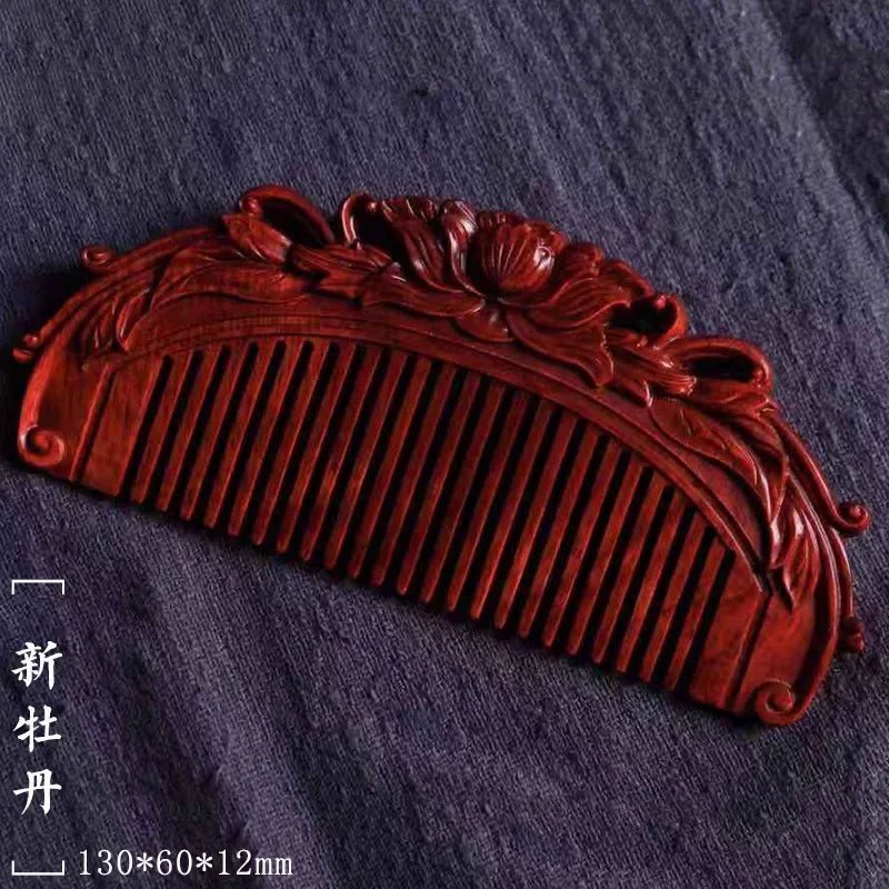 Natural Rhinoceros Horn Small Leaf Red Sandalwood Carved Wood Comb Retro Style Massage Comb Gifts with comb - KIMLUD