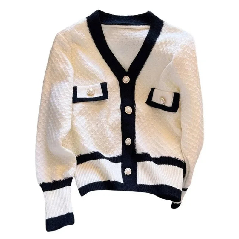 Spring Autumn Color Blocking Tweed Style Women's Petite Cropped Sweater Jacket Long Sleeve Knitted Cardigan Top Versatile