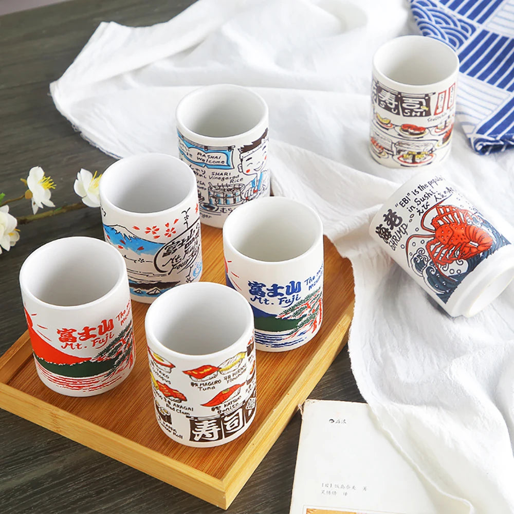 Japanese Impression Ceramic Mugs 300ml Tea Wine Sushi Sake Cup Funny Family Restaurant Decoration Travel Gift for Friends - KIMLUD