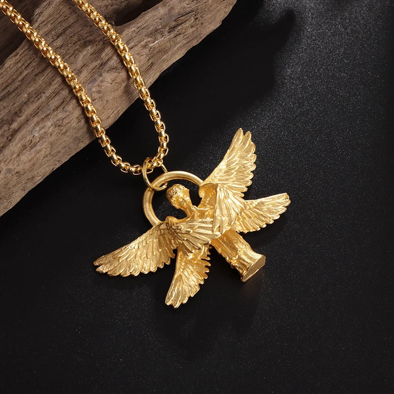 KIMLUD, Stainless Steel Creative Personality Prayer Angel Pendant Necklace Men and Women Fashion Trend Hip Hop Punk Accessories Jewelry, AL18234-Gold, KIMLUD APPAREL - Womens Clothes