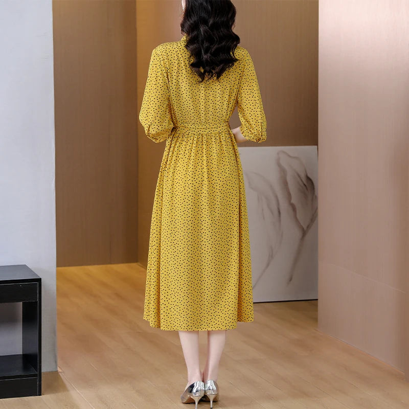 Spring Fashion Elegant Silk Printed Dress For Women 2023 New Versatile 5/4 Sleeve Loose Fit Casual Holiday Knee Length Dress Ves