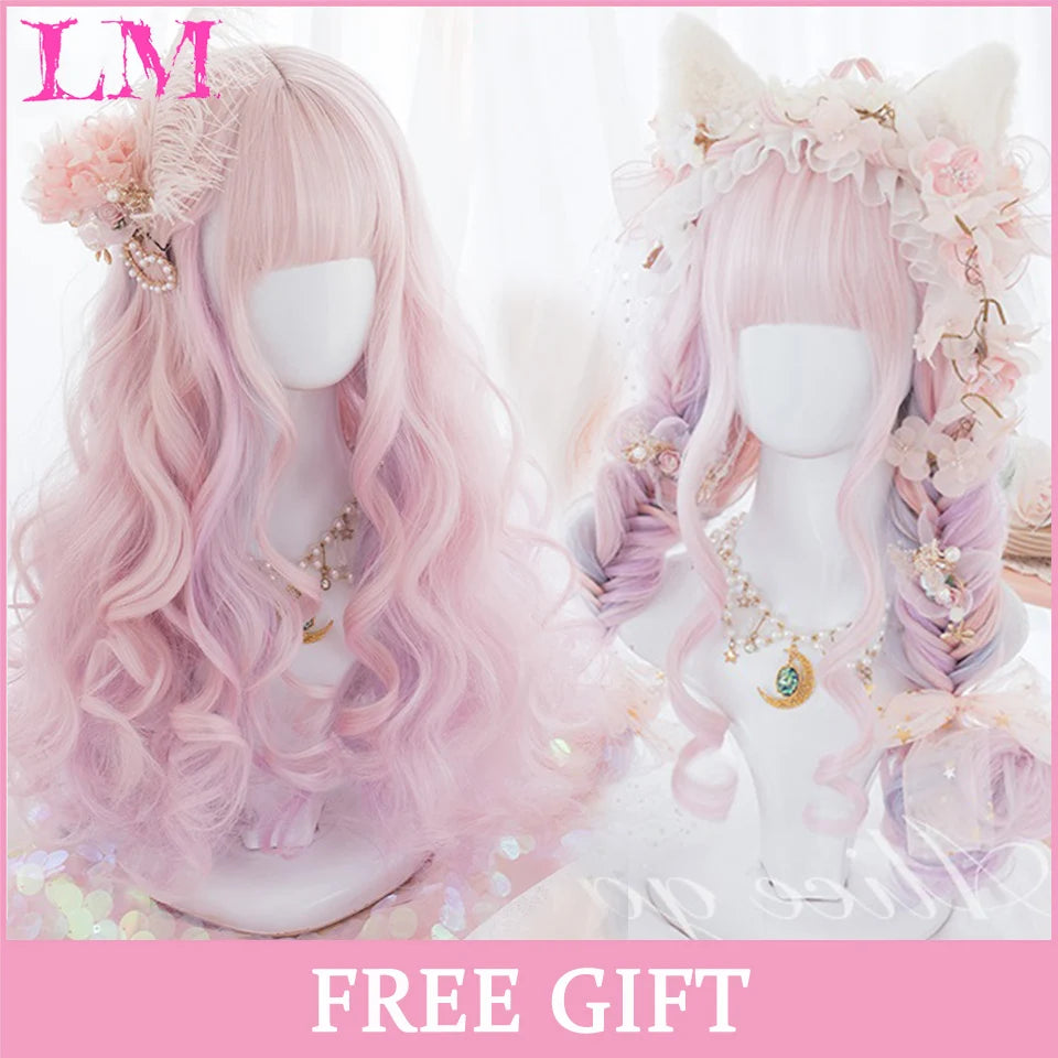 LM Long Natural Wavy Platinum Blonde Pink Wigs with Bangs Cosplay Party Lolita Synthetic Wigs for Women Heat Resistant Fiber