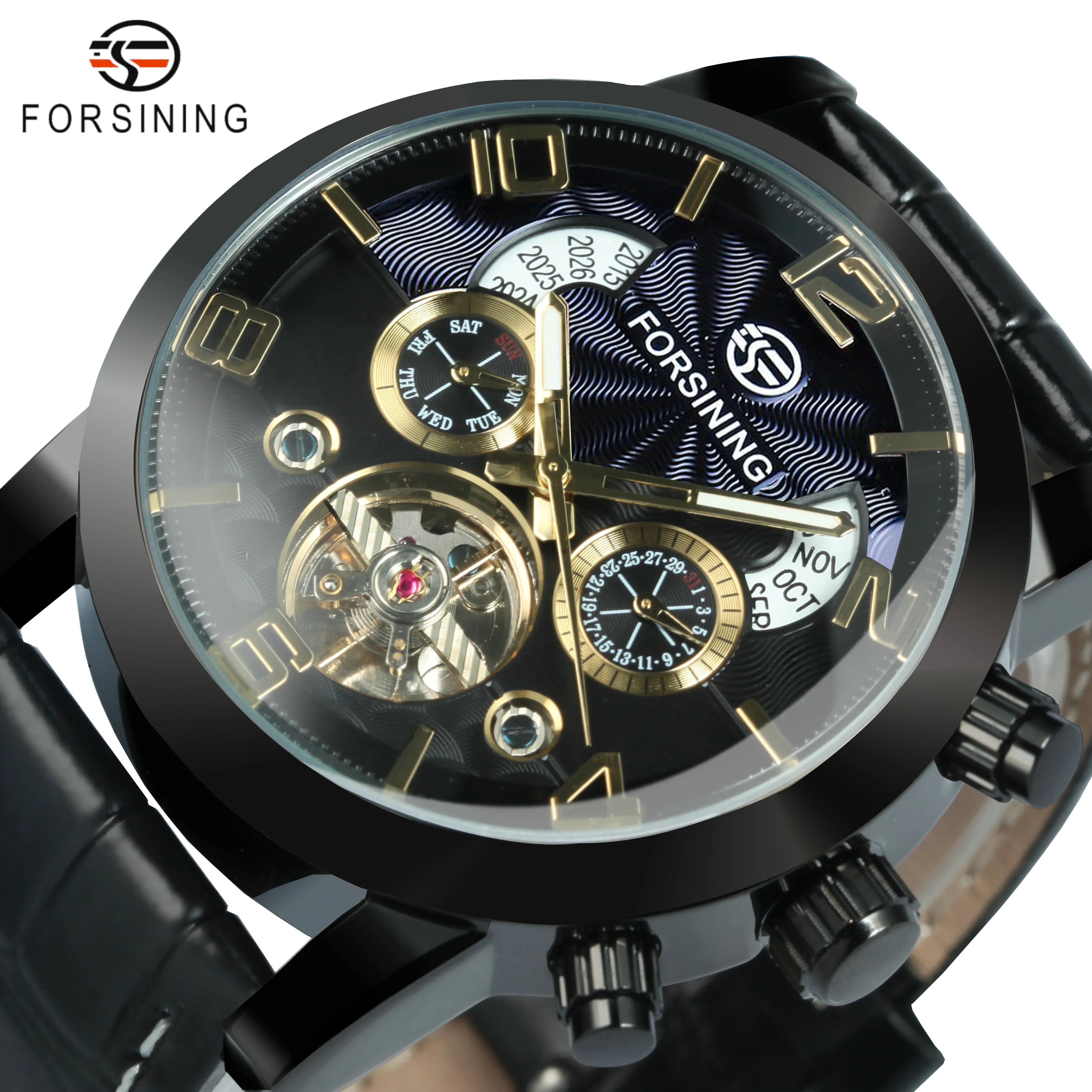 KIMLUD, Forsining Classic Tourbillon Men Mechanical Wristwatches Top Brand Luxury Multifunction Automatic Watch Leather Strap Male Clock, BLACK, KIMLUD APPAREL - Womens Clothes