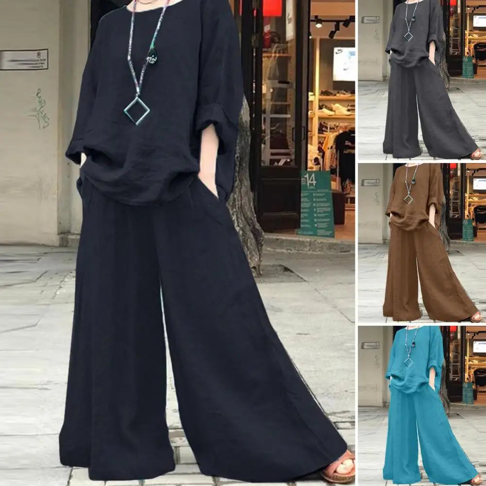 pant sets Spring Suit Stylish Women's Cotton Linen Suit Set Long Sleeve Shirt Wide Leg Trousers for Spring Summer Autumn Casual