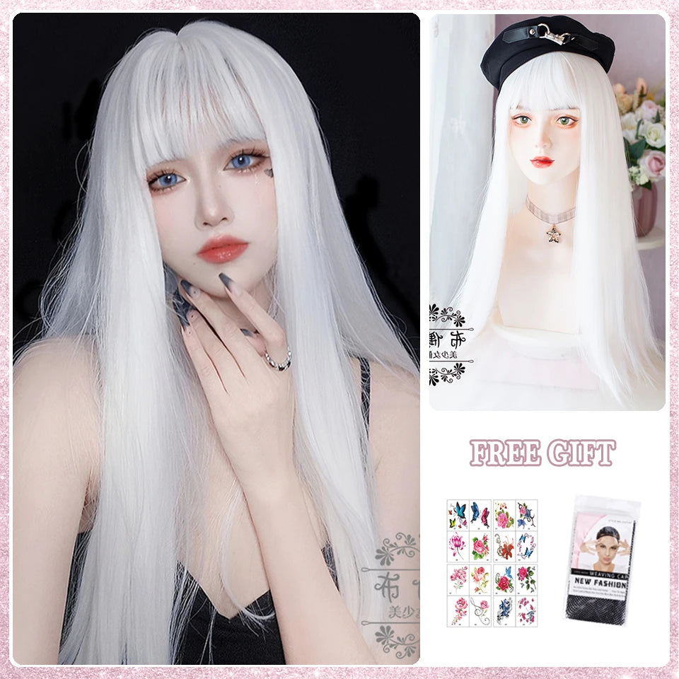 LM Long Natural Wavy Platinum Blonde Pink Wigs with Bangs Cosplay Party Lolita Synthetic Wigs for Women Heat Resistant Fiber