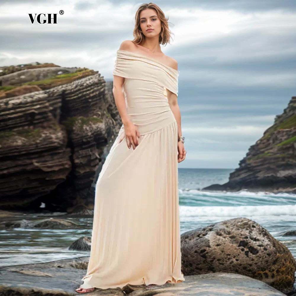 VGH Elegant Spliced Folds Dress For Women Slash Neck Off The Shoulder Sleeve Backless High Waist Temperament Dresses Female New