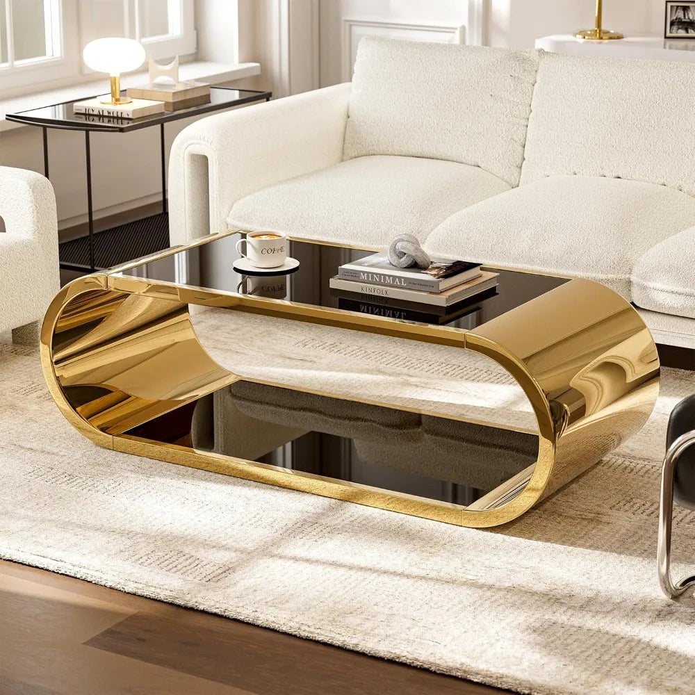 Golden Stainless Steel Glass Coffee Table, Modern Living Room Coffee Table, 2-story Glass Roof Large Space Stylish Design