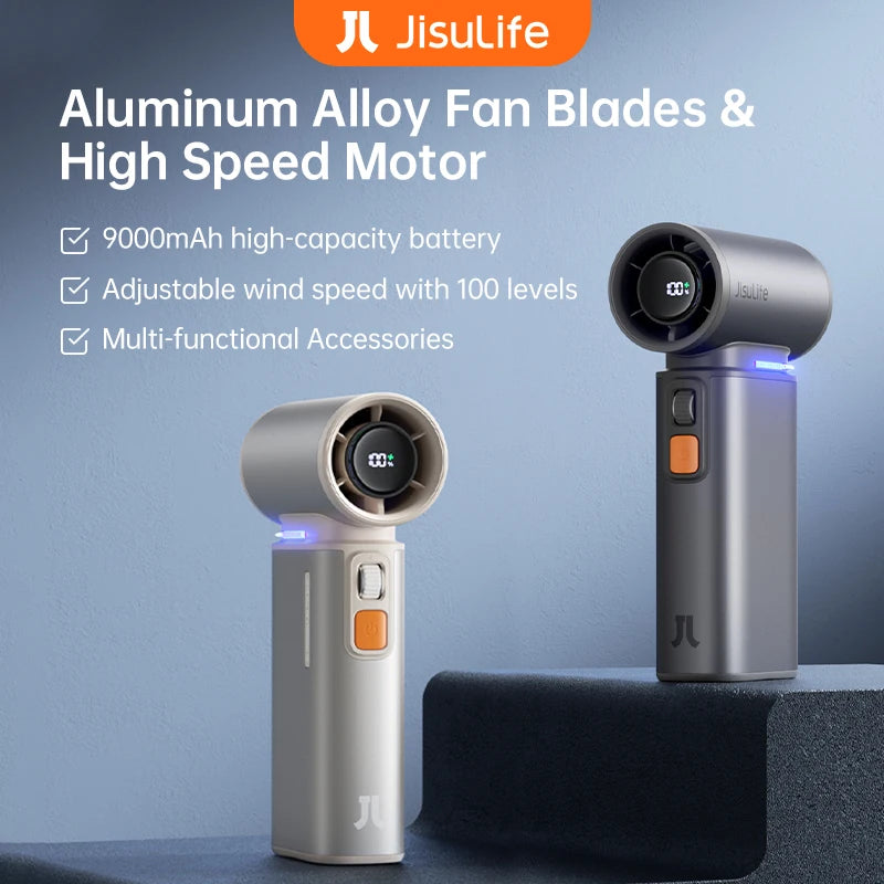 JISULIFE Portable Turbo Handheld Fan, 100 Winds Speeds Adjustable, 9000 mAh Rechargeable Battery, LED Display, Outdoor Camping - KIMLUD