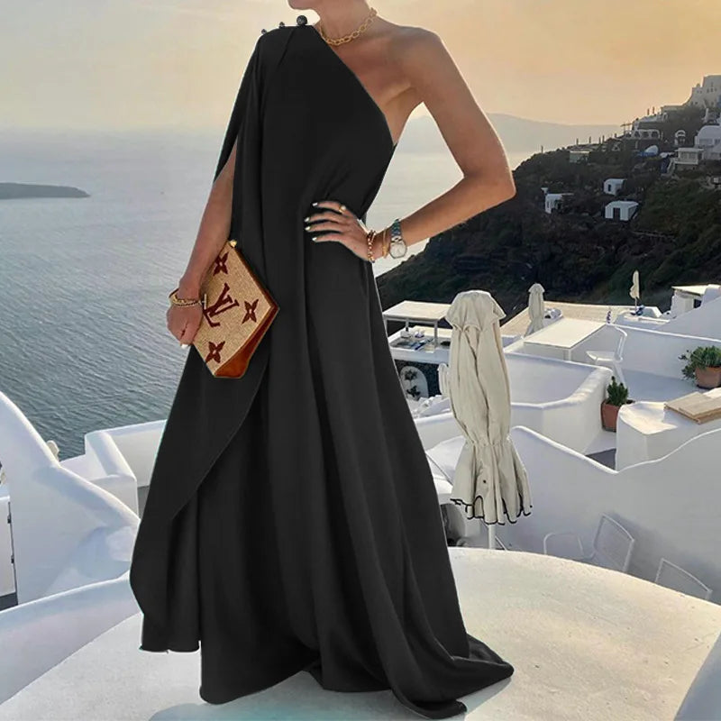 Sexy Off Shoulder Boho Beach Maxi Dress Women Elegant One Shoulder Loose Party Dresses Summer Fashion Button Solid Dress Vestido