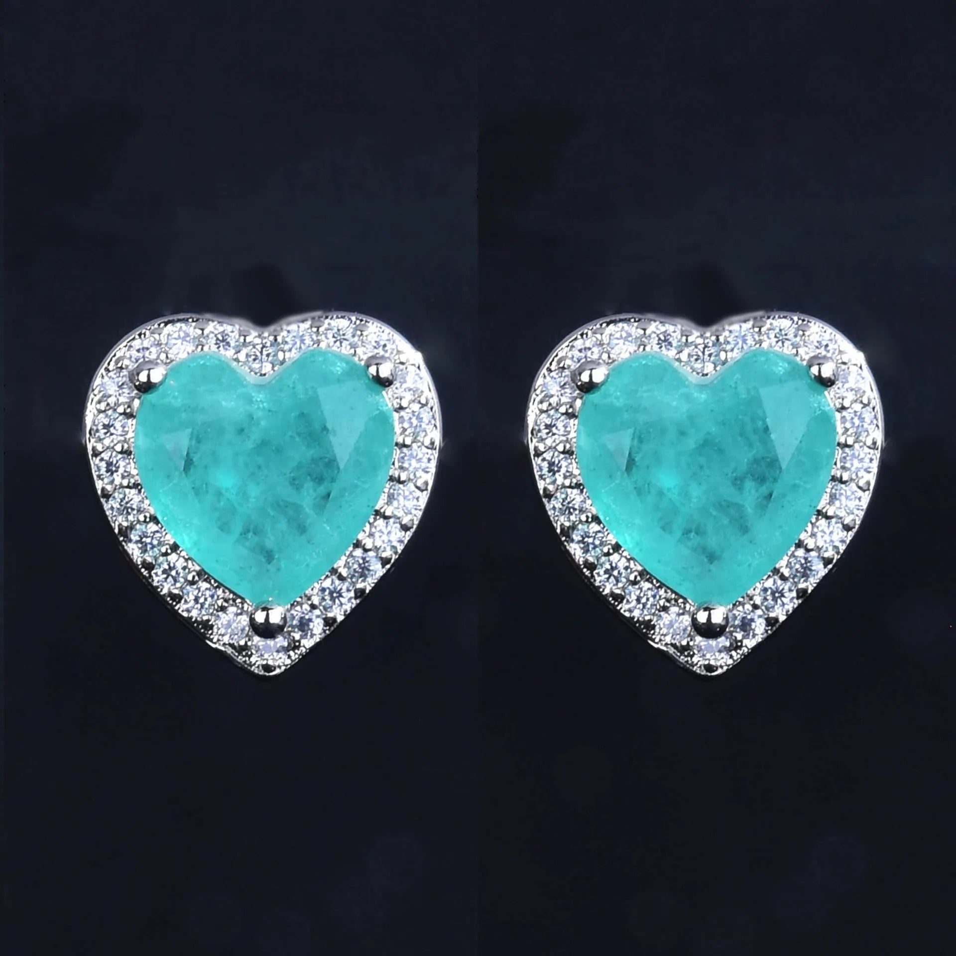 Silver Heart Shape Paraiba Tourmaline Gemstone Stud Earrings For Women Fashion Wedding Statement Jewelry Anniversary Gift - KIMLUD