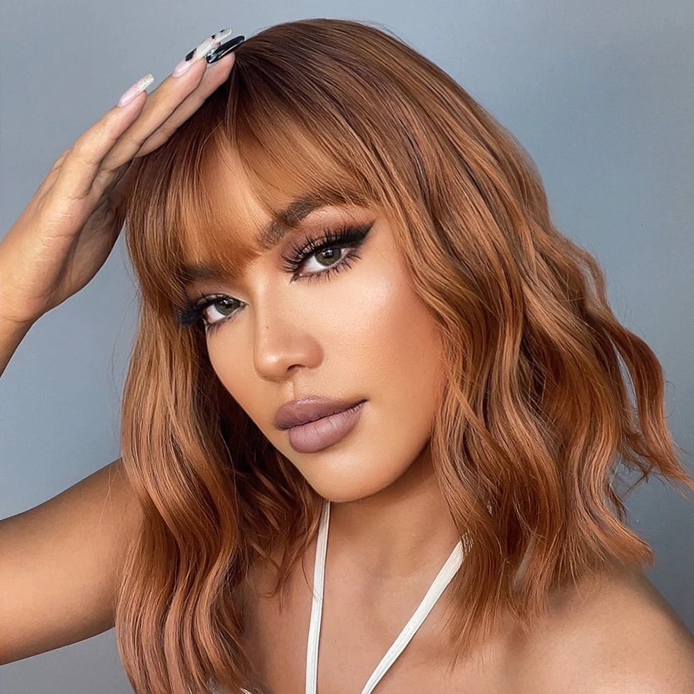 KIMLUD, HENRY MARGU Red Copper Ginger Synthetic Wigs with Bangs Medium Water Wave Natural Bob Daily Hair Wigs for Women Heat Resistant, KIMLUD Womens Clothes