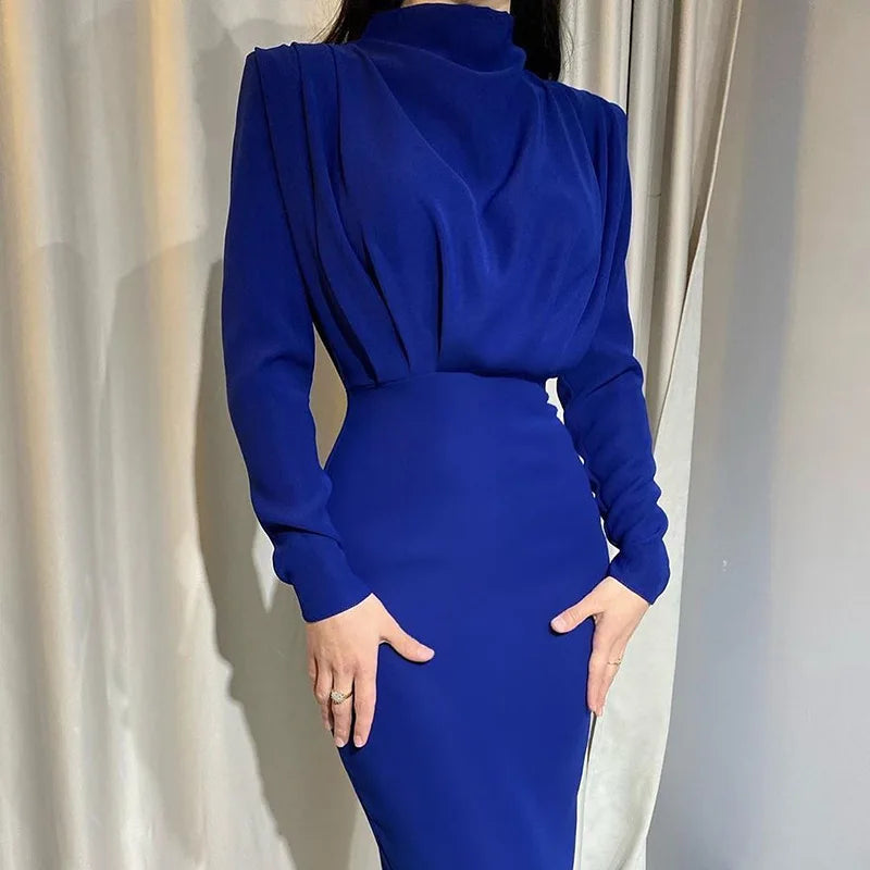 2024 Autumn Solid Bodycon Midi Dress Turtleneck Long Sleeve Slim Office Lady Sexy Office Lady Blue Party Dresses For Women Work