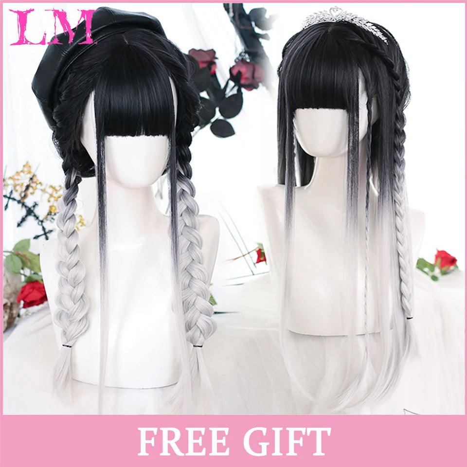 LM Long Natural Wavy Platinum Blonde Pink Wigs with Bangs Cosplay Party Lolita Synthetic Wigs for Women Heat Resistant Fiber