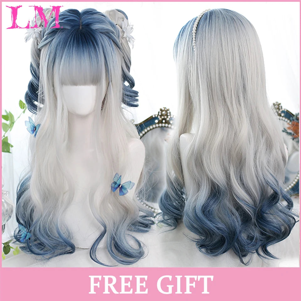 LM Long Natural Wavy Platinum Blonde Pink Wigs with Bangs Cosplay Party Lolita Synthetic Wigs for Women Heat Resistant Fiber