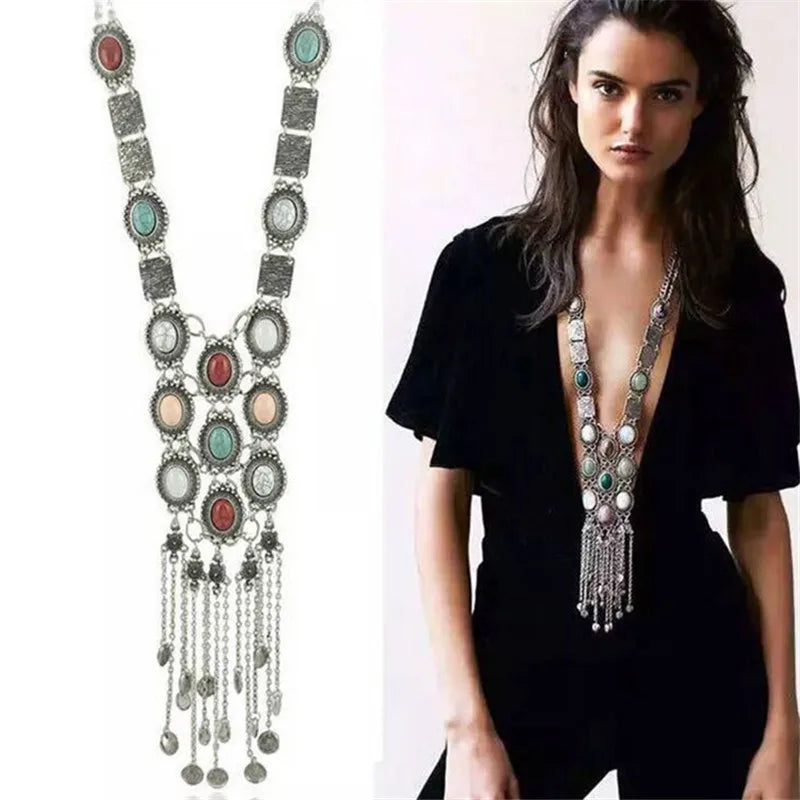 KIMLUD, Vintage Long Chains Rhinestone Statement Necklaces For Women Tassel Pendant Drop Dangle Choker Necklace Bohemian Ethnic Jewelry, KIMLUD Womens Clothes